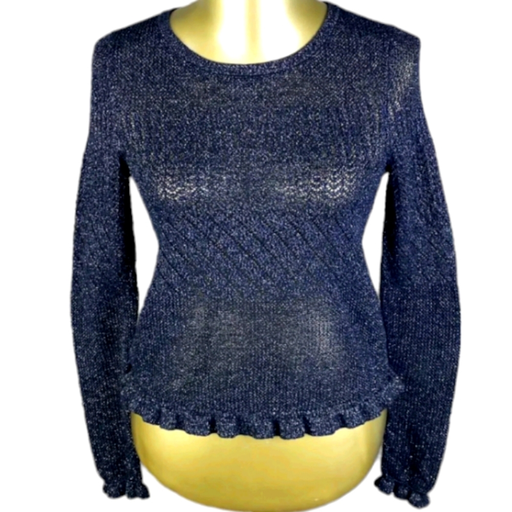 American Eagle Crewneck Ruffle Trim Blue Metallic Knit Sweater